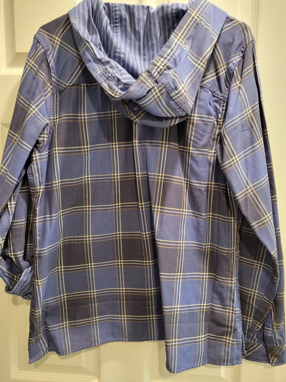 Womens L Columbia Blue and Orange Plaid Hooded Long-Sleeve Shirt - Picture 5 of 8
